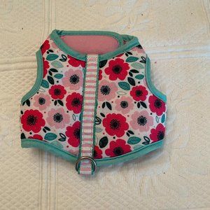 Pink floral dog harness with mint green trim and leash hook (small/medium)